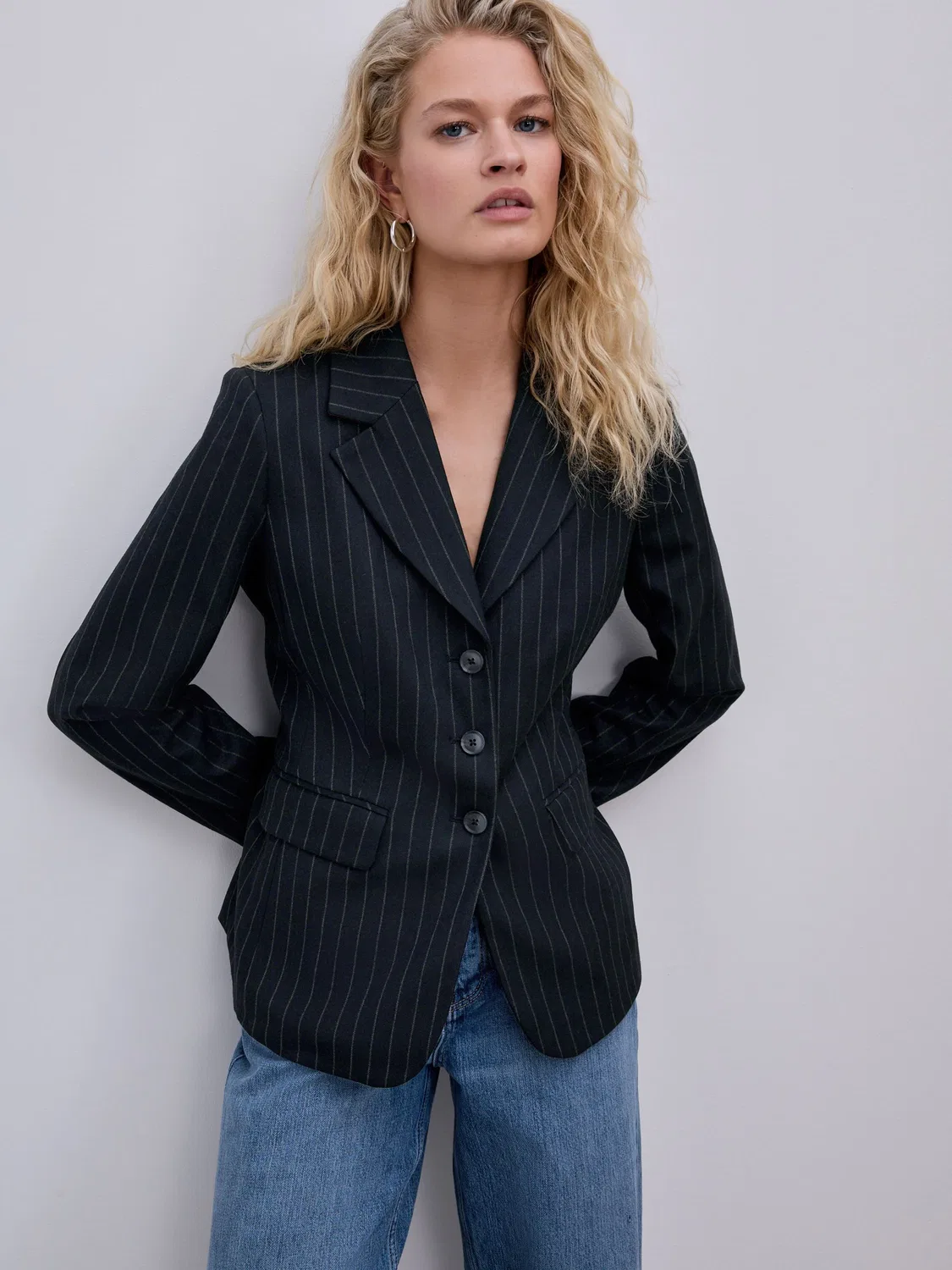 Блейзер однобортный скульптурный Navy Blue Pinstripe Next, темно-синий в полоску