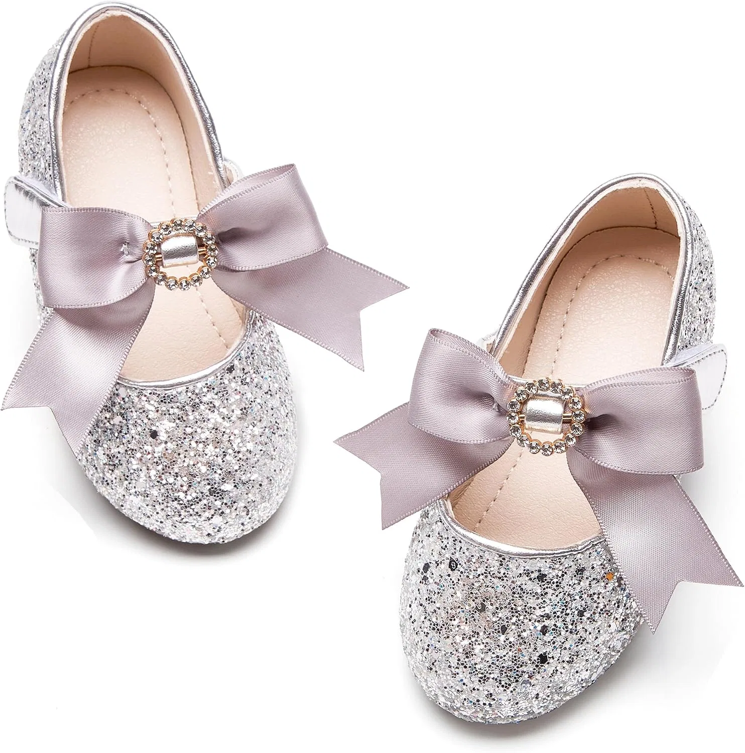 Детские туфли Мэри Джейн для девочек PHIRAMIN, Glitter Bowknot Silver