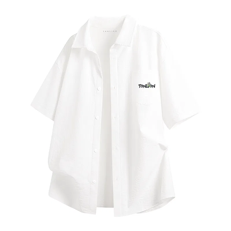 Детская рубашка с коротким рукавом, свободная, Tonlion, Цвет: Ice Silk Breathable Light Beige (Tb Ink Thorns Chest Logo) — фото 3