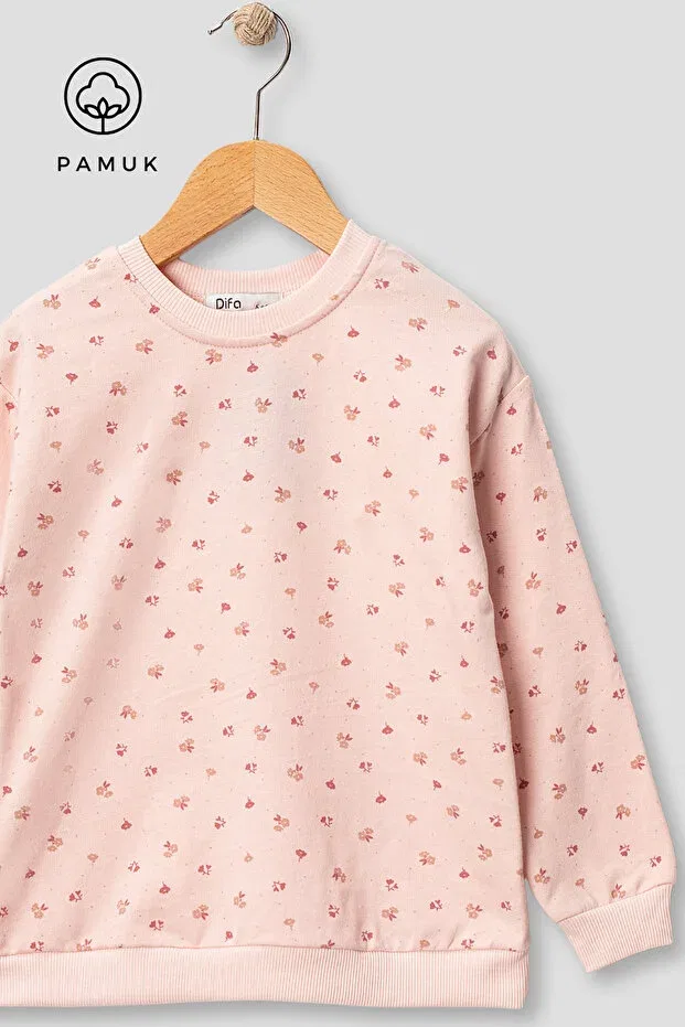 Детские свитшот для девочек с принтом Girl'S Crispy Floral Patterned Seasonal Oversize Top Sweatshirt Difa Kids, Pink — фото 3