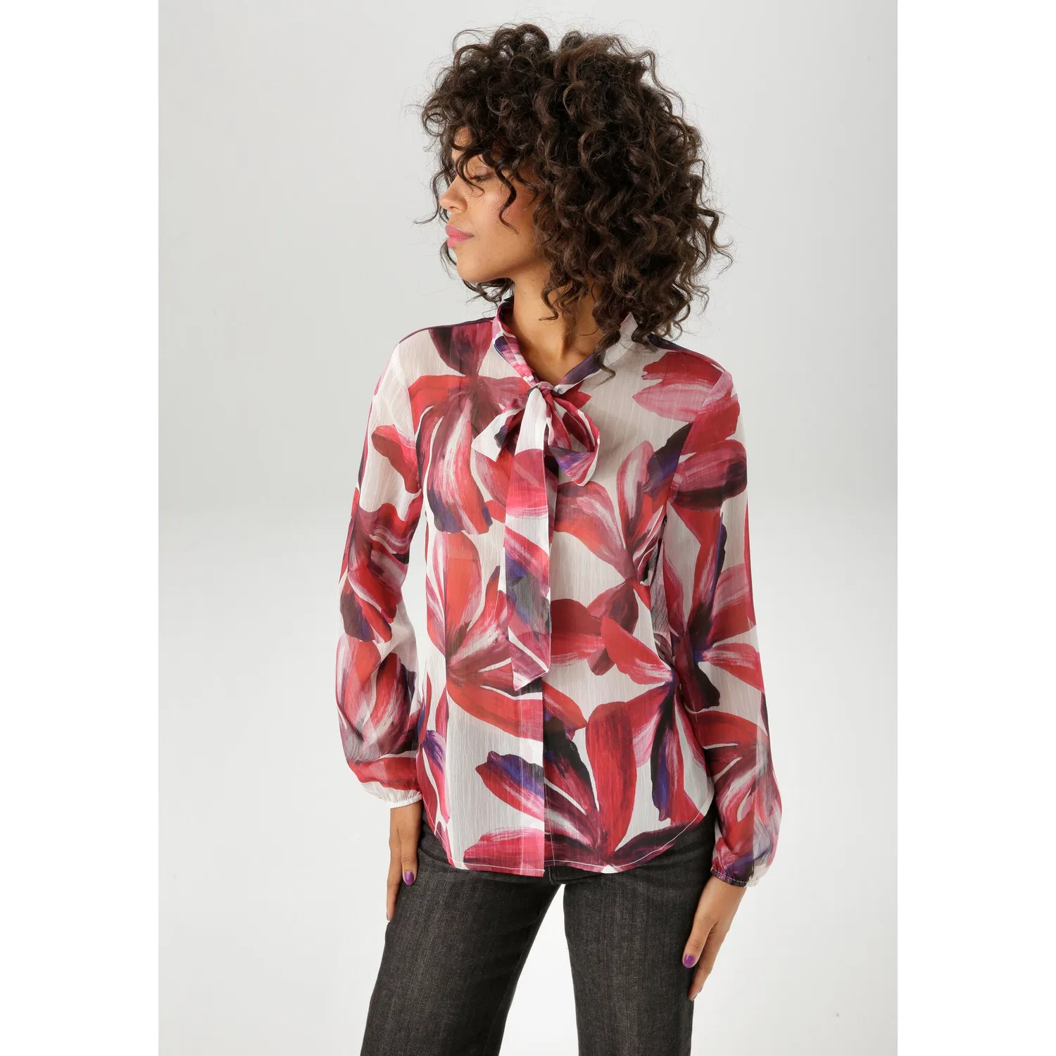 Женская блуза с завязкой-бантом Aniston CASUAL, White-Red-Pink-Fuchsia-Orange-Rosa-Bordeaux-Marine-Black