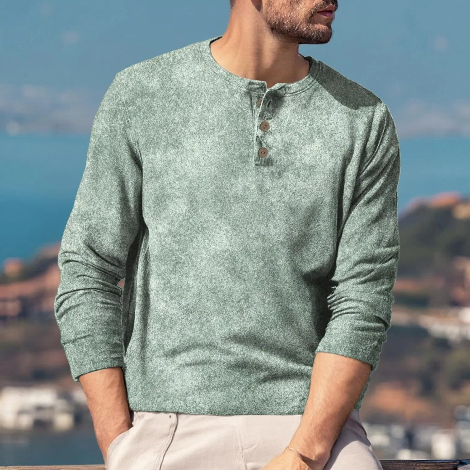 Мужская футболка с длинным рукавом хенли Generic, Mint Green — фото 3