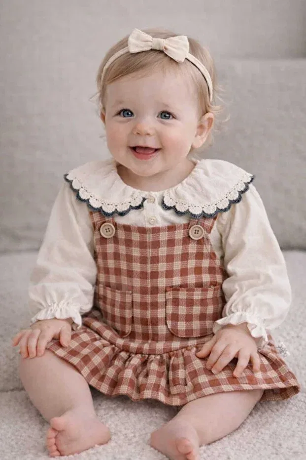 Детское платье-комбинезон для девочек хлопковое комплект Eid season lace piece collared linen shirt & checked strap ruffle salopet dress Krm Kerem Bebe, Brown — фото 2