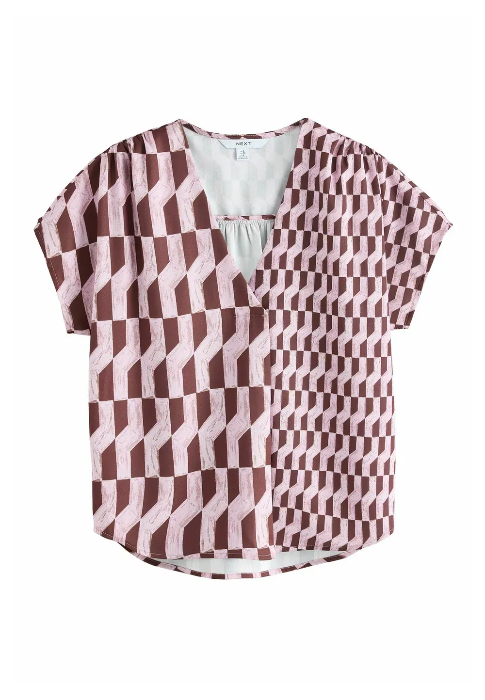 Блузка стандартного кроя с короткими рукавами и V-образным вырезом Next, Pink Brown Geometric Print — фото 4