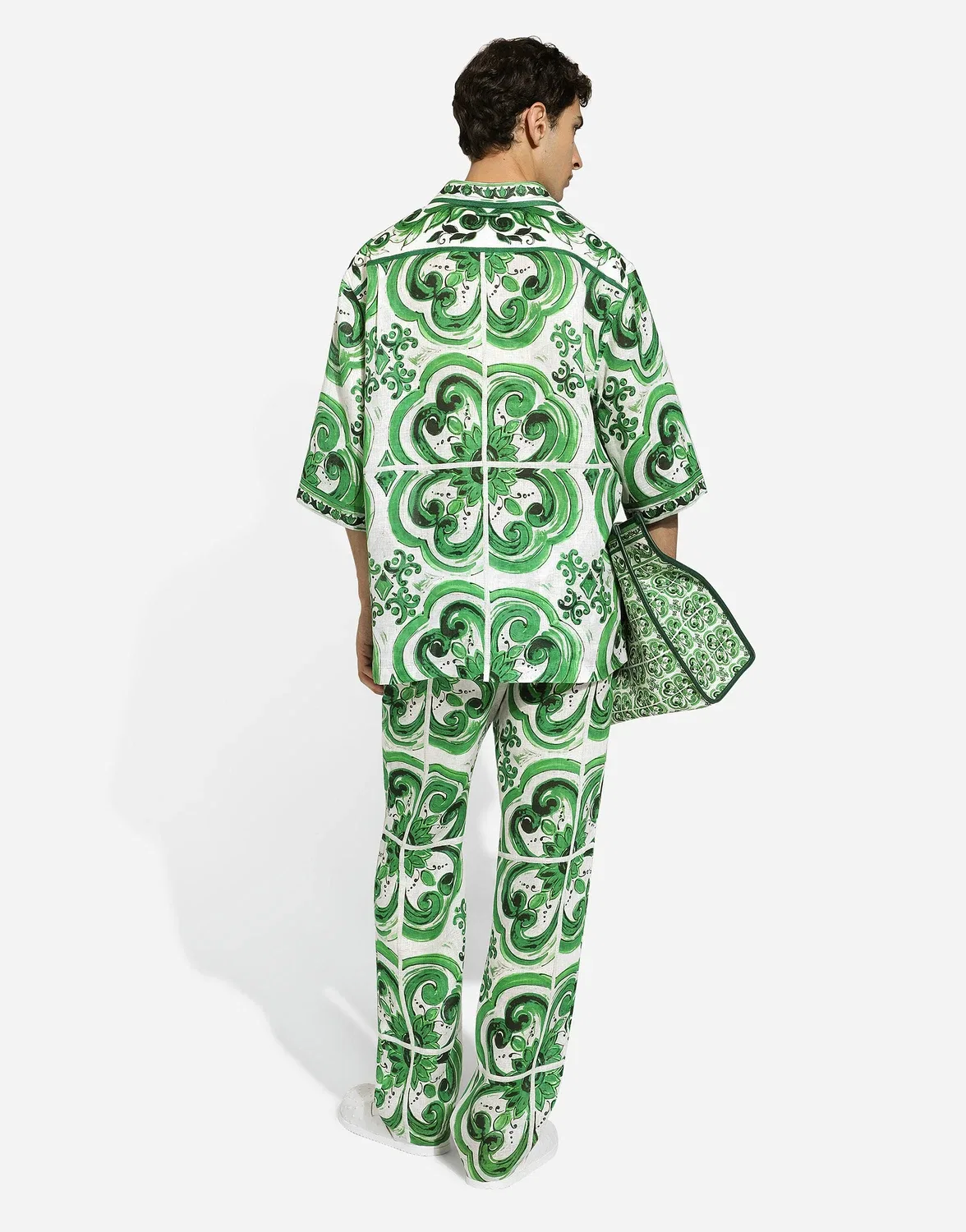 Льняные джоггеры с принтом маиолика Dolce & Gabbana, белый — фото 3