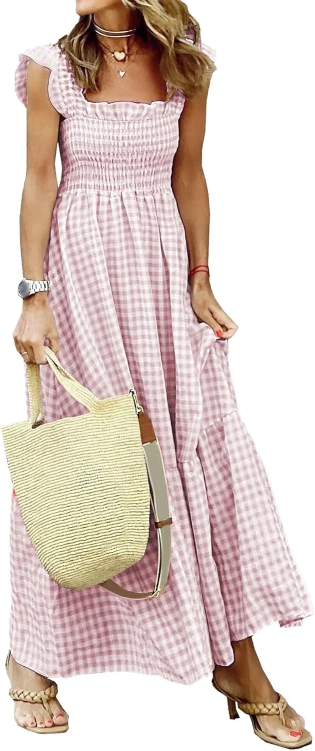 Женское летнее платье с воланами и рюшами, Patchwork Plaid, Pink