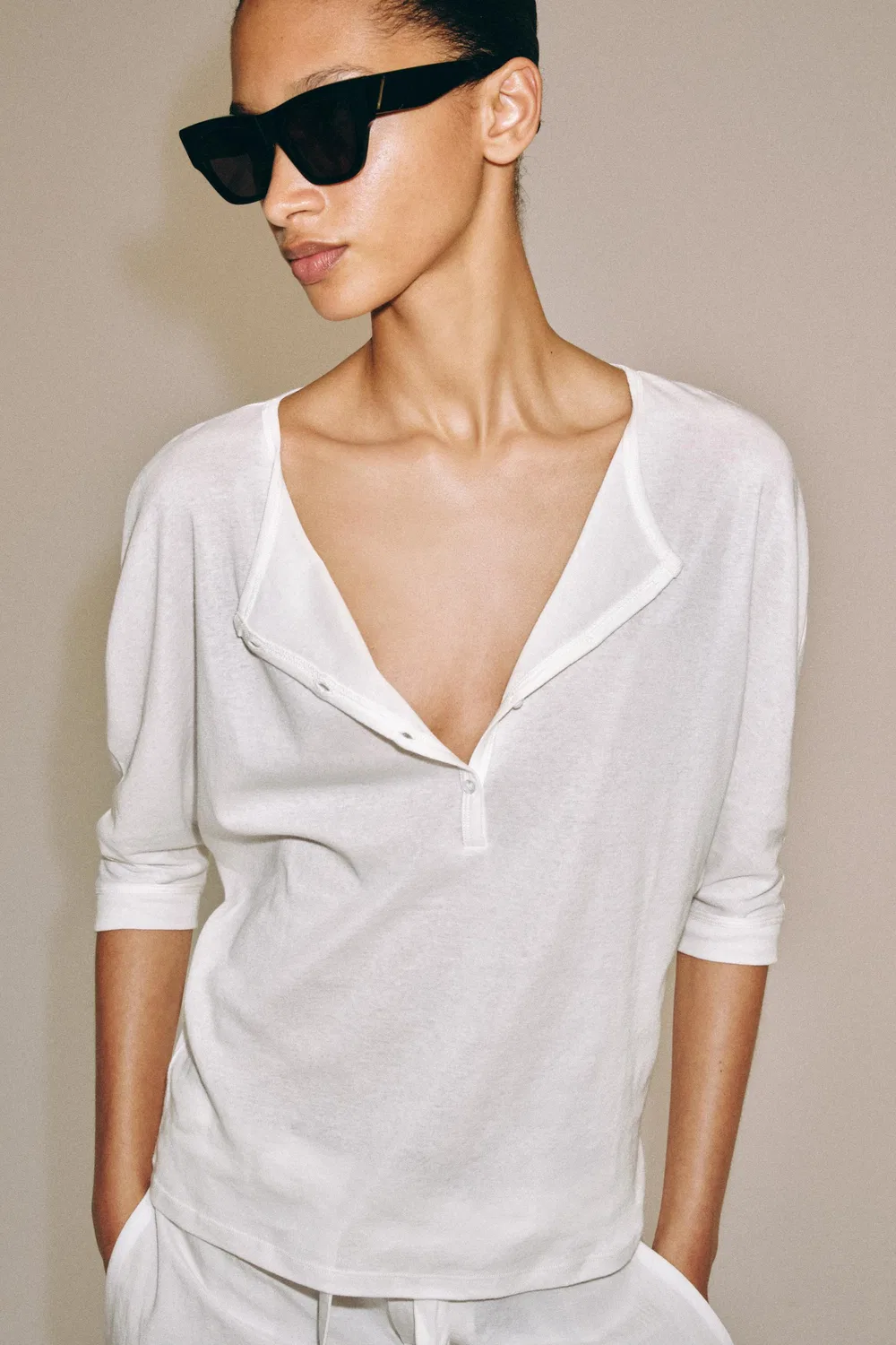 Хлопковая футболка Henley ZARA, White — фото 2