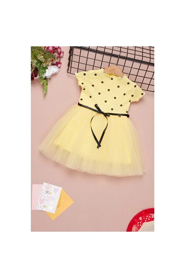 Детское платье для девочек с принтом Daphne ticaret girl polka dot tulle half sleeve dress Bam Bam Giyim, Yellow