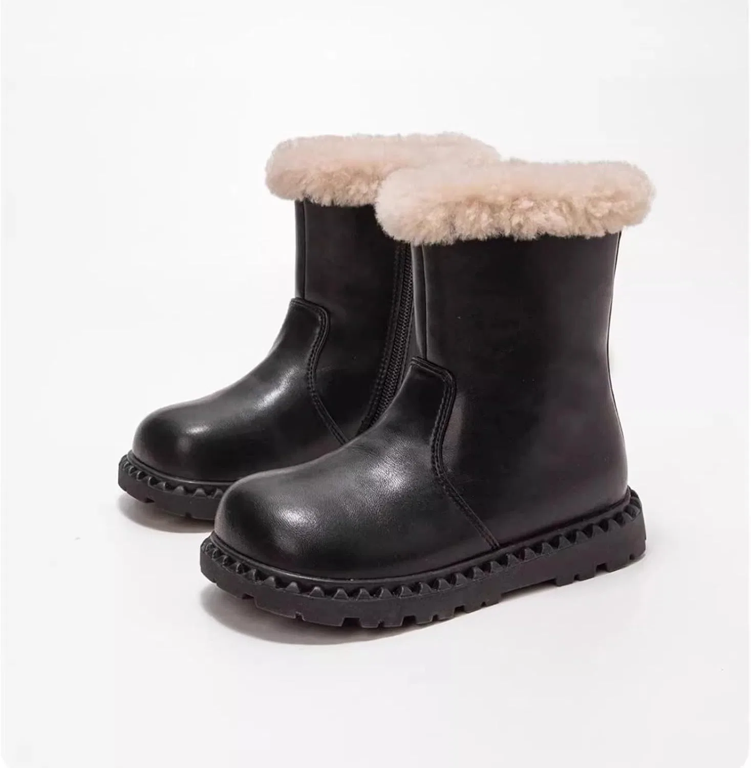 Детские сапоги для девочек с мехом Leather Fuzzy Snow Boots, Black — фото 2