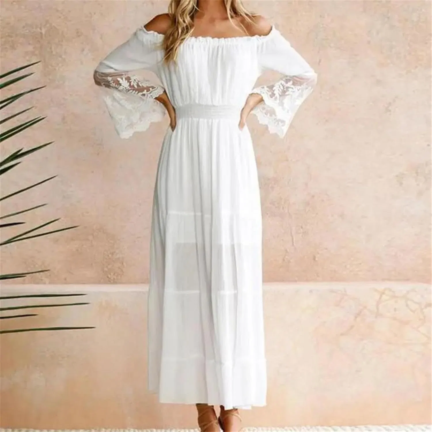Женское платье макси с кружевом крючком Off-Shoulder с расклешенными рукавами Generic, White — фото 4