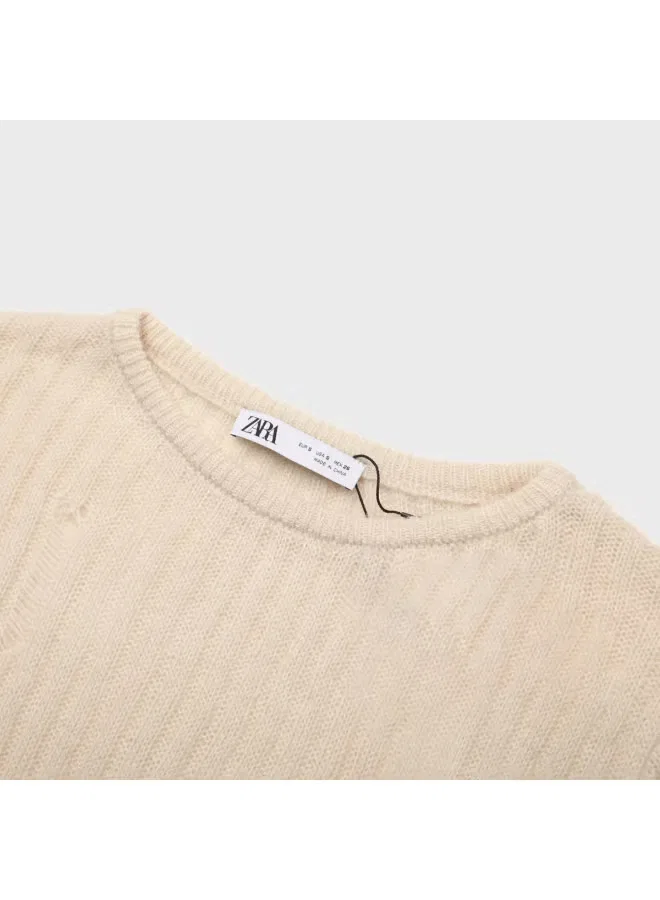Свитер свободный с круглым вырезом и ажурной вязкой Zara, светло-абрикосовый — фото 4