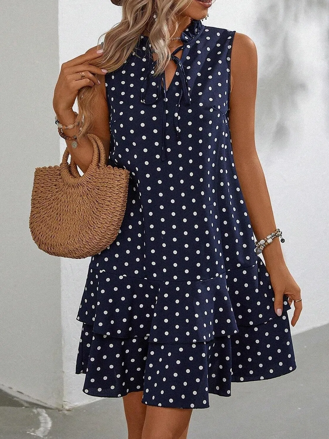 Женское повседневное платье с воланами и галстуком Polka Dot, Blue and White — фото 2