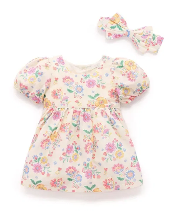 Детское платье для девочек из льняной смеси с комплектом повязок Purebaby, Mexican Floral