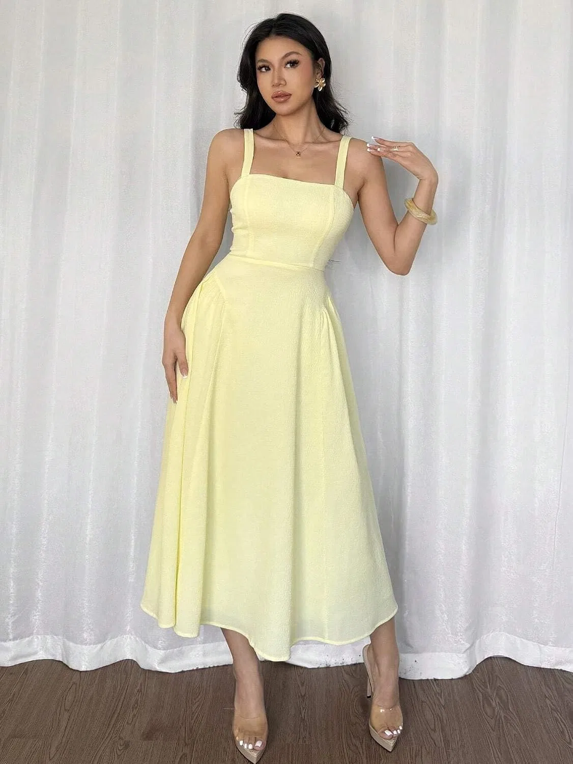 Женское элегантное платье с открытой спиной A-Line, Yellow — фото 4