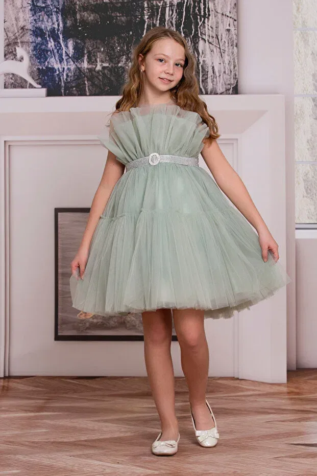 Детское платье-принцесса из фатина с коротким рукавом Süslü Pink Kids, Green