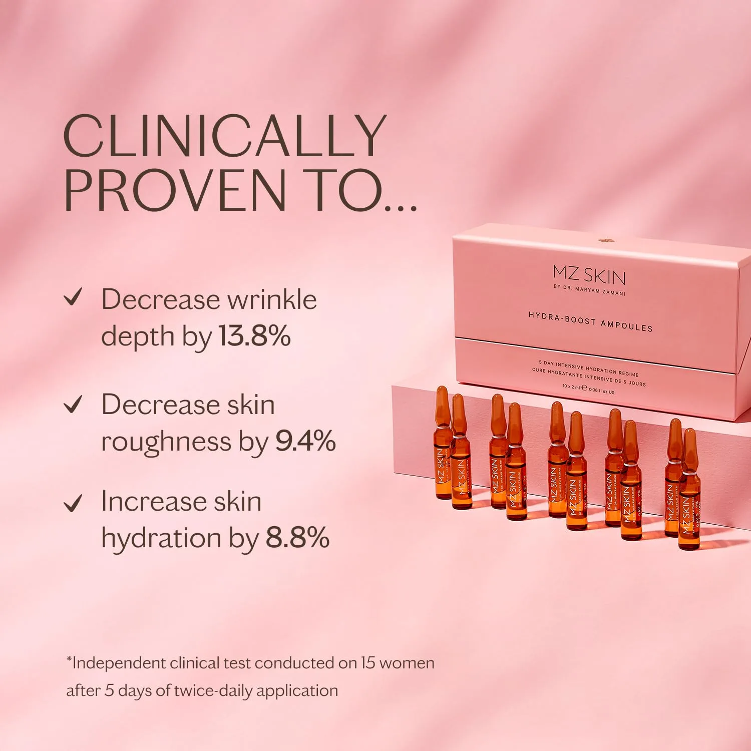 Набор из 10 ампул MZ SKIN Hydra-Boost | Интенсивное увлажнение на 5 дней для придания объема и упругости, с гиалуроновой кислотой для увлажнения, аллантоином, церамидами и скваланом. 10 шт. (1 шт.) Mz Skin By Maryam Zamani Md — фото 3