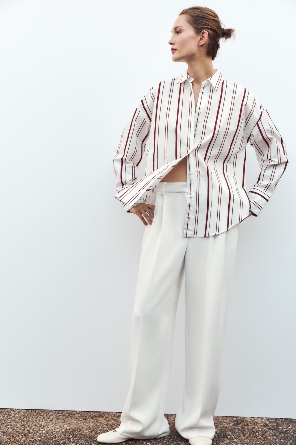 

Полосатая поплиновая рубашка ZARA, цвет White/Maroon