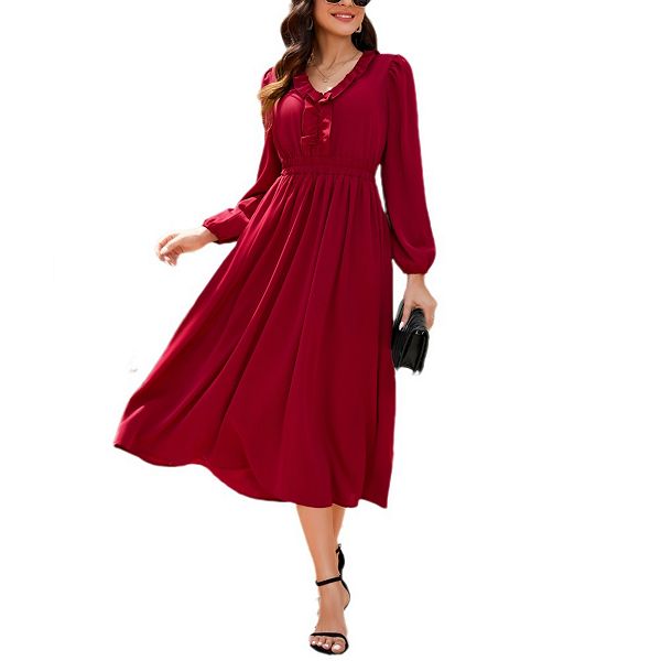 

Женское платье миди с длинным рукавом и v-образным вырезом Yesfashion, Wine Red