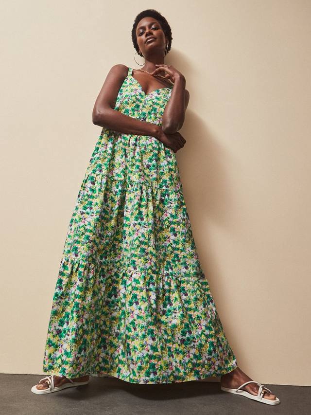 

Многоярусное платье макси из хлопка с тонкими бретелями Ro&Zo