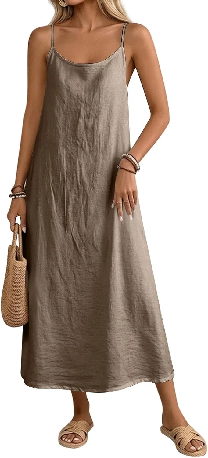Женское летнее платье макси на бретелях Cotton Linen, Coffee