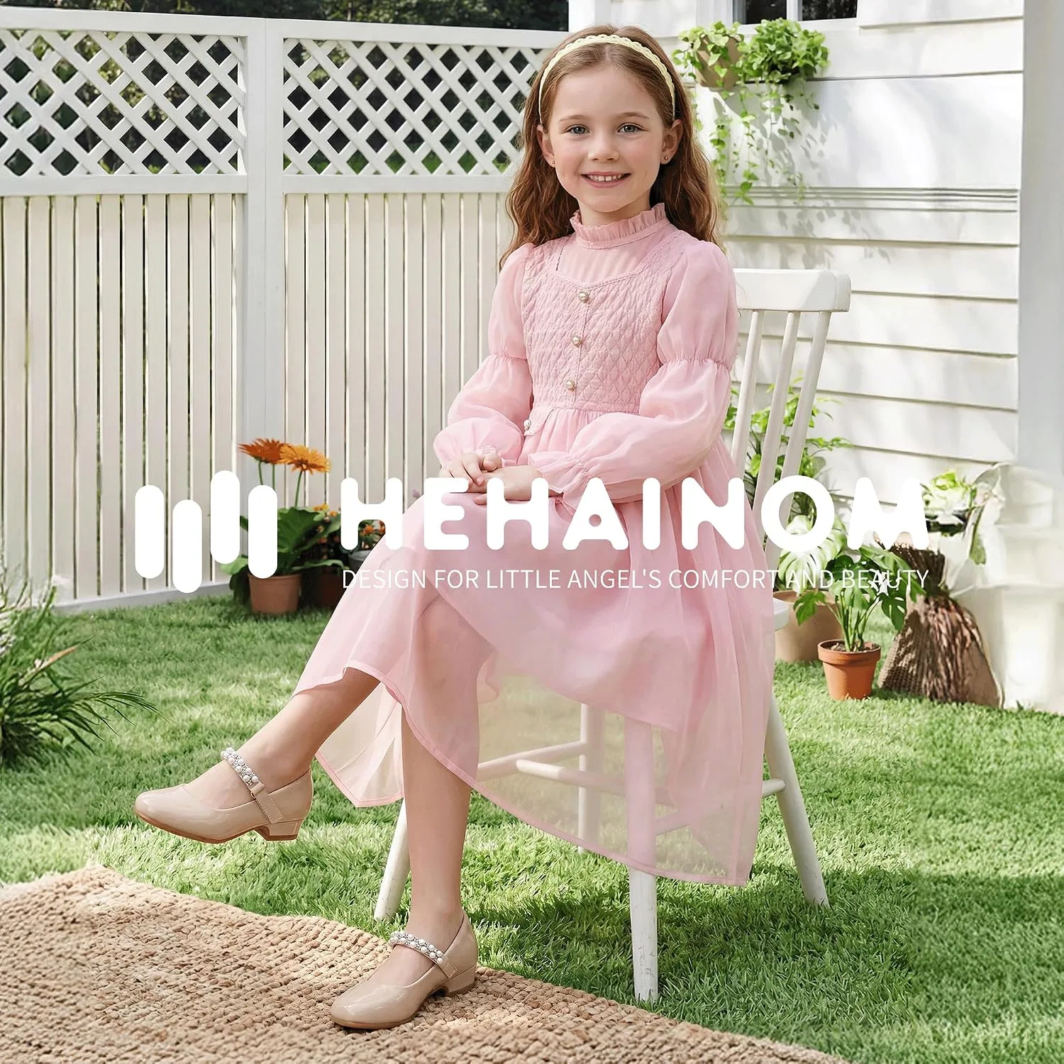 Детские туфли для девочек с жемчугом Mary Jane Heels Hehainom, Nude Pat — фото 2