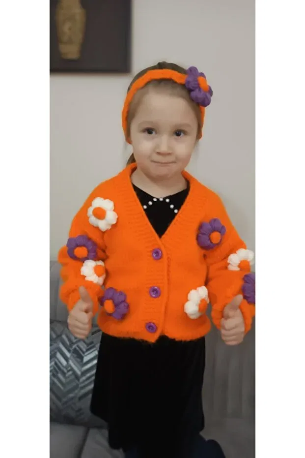 Детский кардиган для девочек с принтом Hand knitted flowery girl's cardigan El Örgüsü Cici Bebe, Orange — фото 2