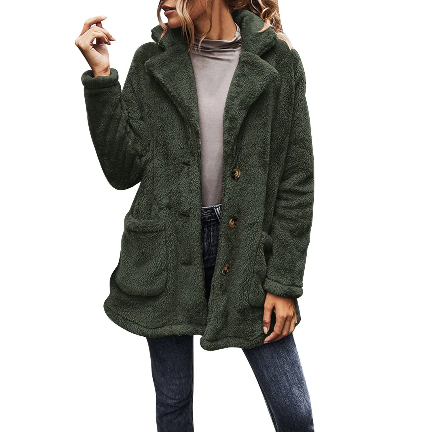Женское пальто из искусственного меха с длинным рукавом, модель Fuzzy Fleece Jacket, Verde