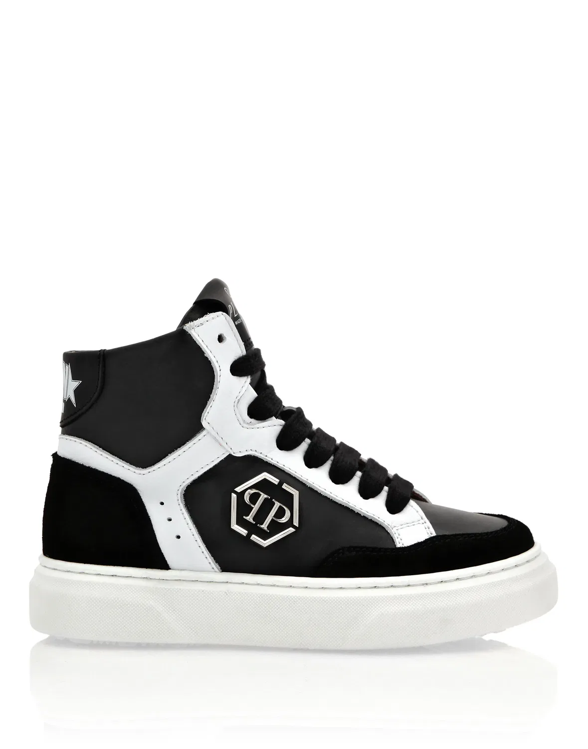 Детские кроссовки кожаные высокие с шестиугольным логотипом LEATHER HI-TOP SNEAKERS HEXAGON PHILIPP PLEIN, Black/White — фото 2
