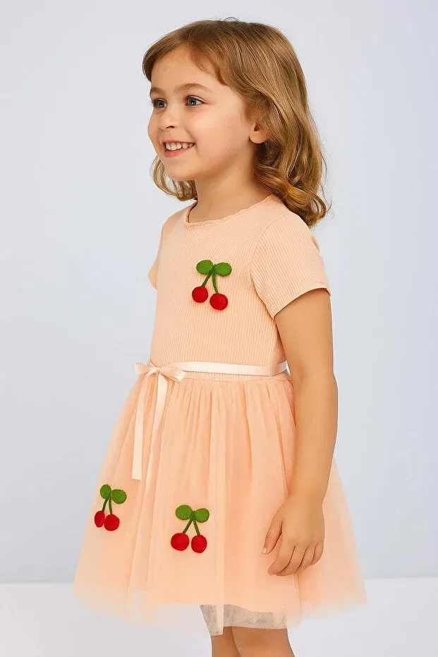 Детское платье для девочек с принтом Cherry Short Sleeve Tutu Lined Dress Dinamik Çocuk, Somon — фото 2