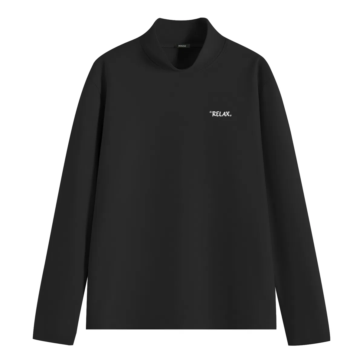 Детская футболка с принтом Half Turtleneck Thickened And Fleece Lined Straight Fit MINISO, Black With White Text Chest Logo