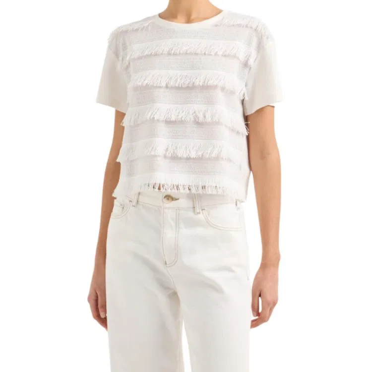 Женская футболка с бахромой Supima Interlock Jersey Fringed T shirt EMPORIO ARMANI, White — фото 3