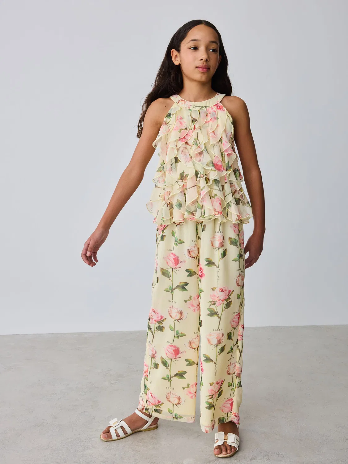 Комбинезон с воланами, модель Chiffon Waterfall Halter Neck Wide Leg Baker by Ted Baker, лимонно-желтый