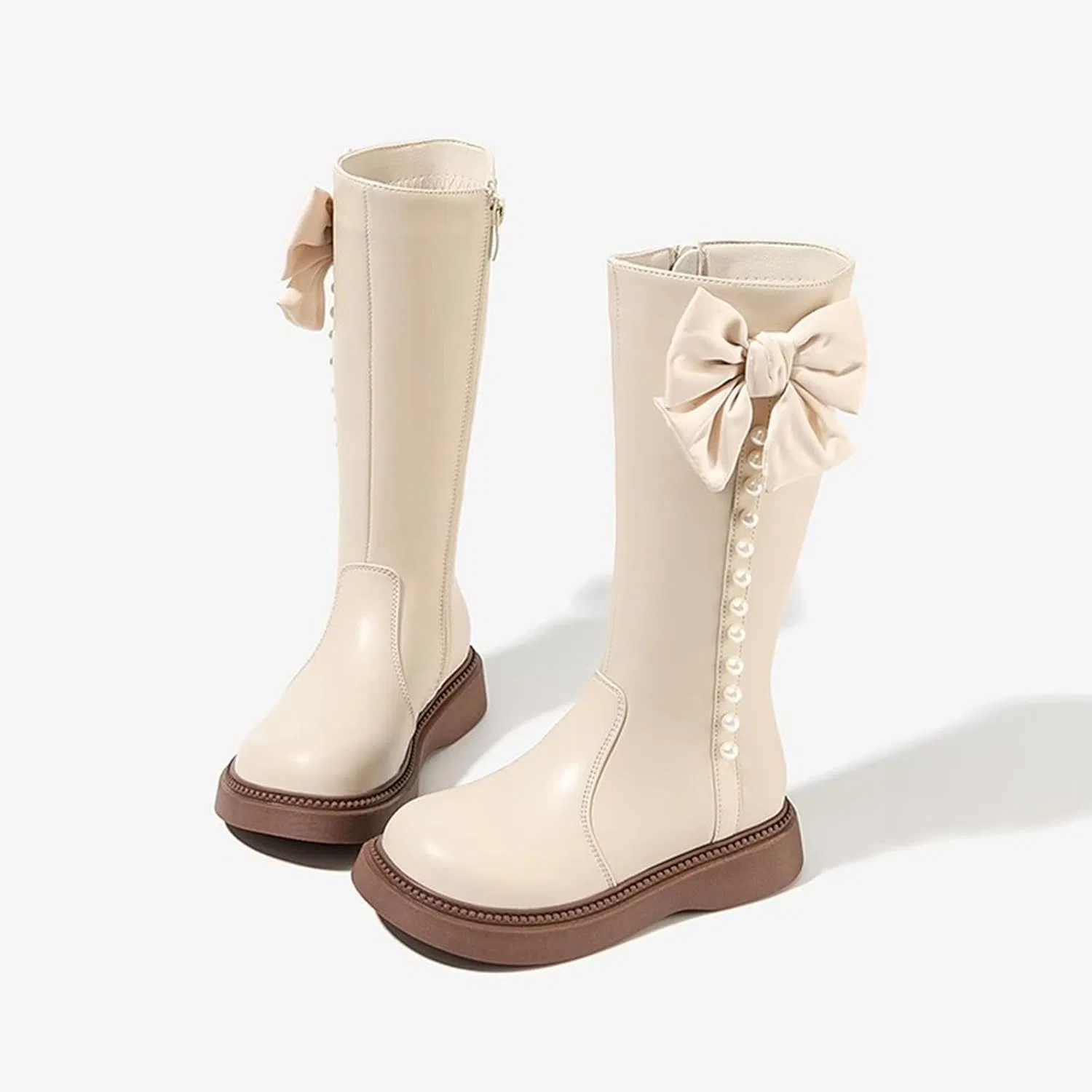 Детские сапоги для девочек с жемчужным бантом и платформой, Beige — фото 2