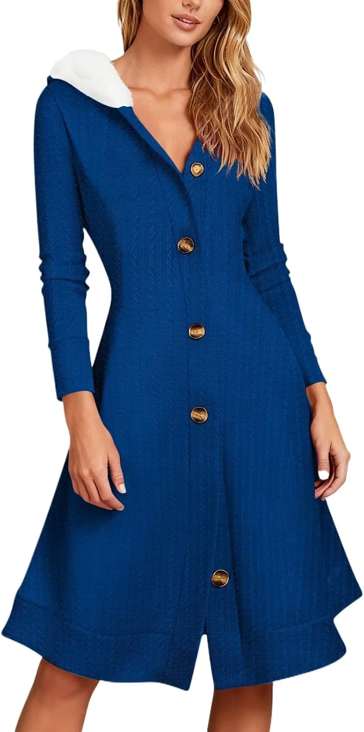 Женское трикотажное платье A-силуэта с капюшоном, Blue