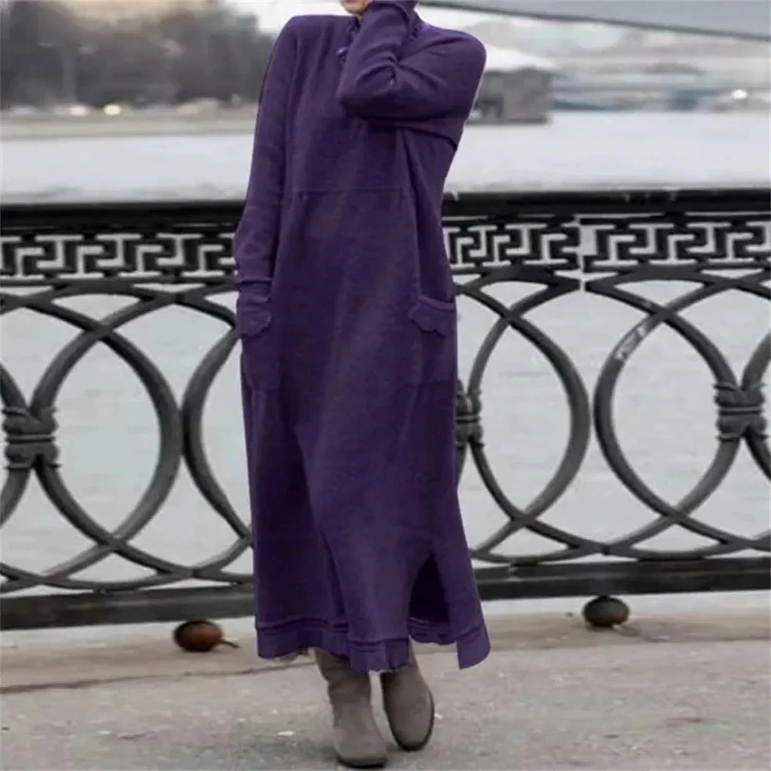 Женское флисовое макси-платье с кружевной отделкой, Purple — фото 4