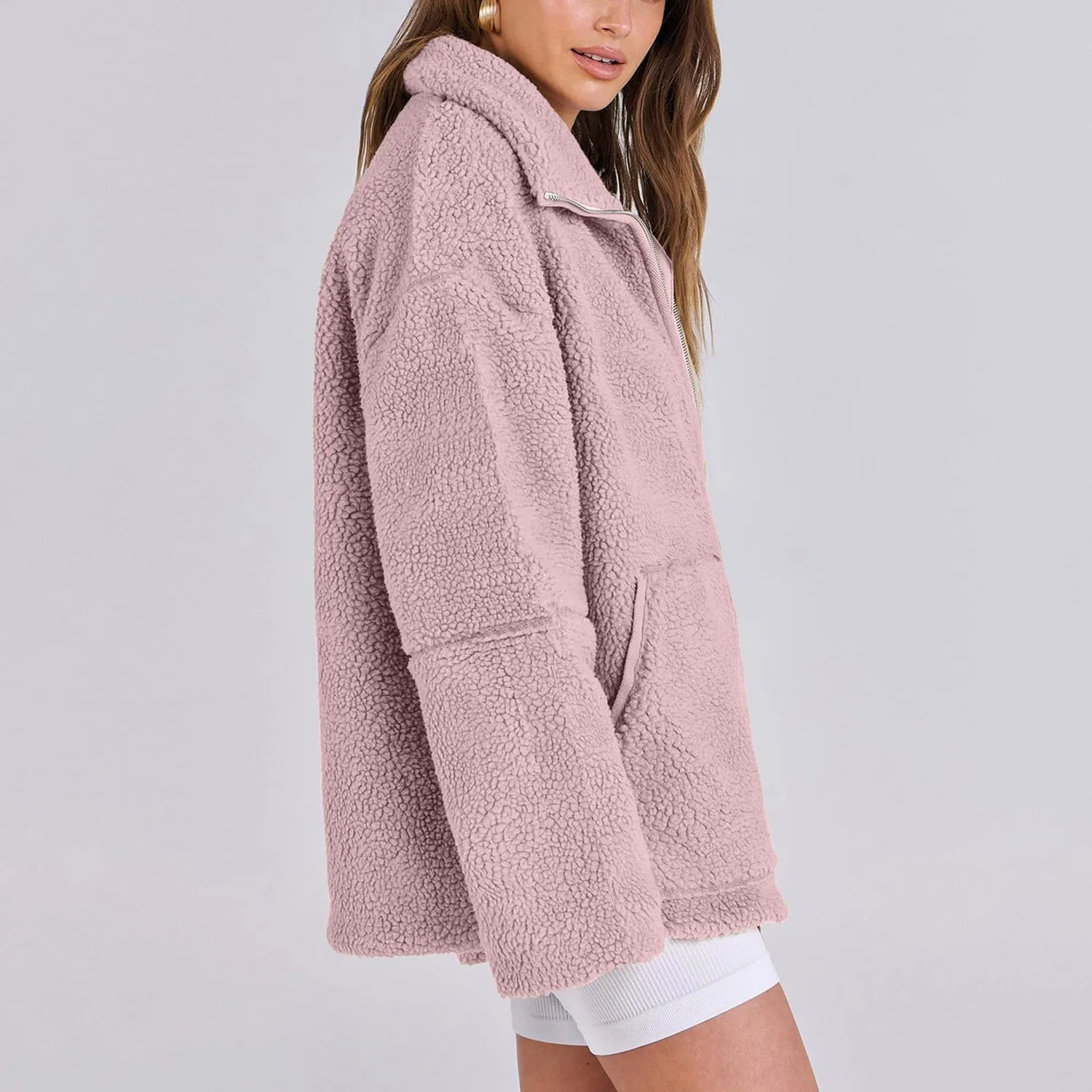 Женское зимнее пальто из флиса Sherpa с молнией, rosa — фото 4