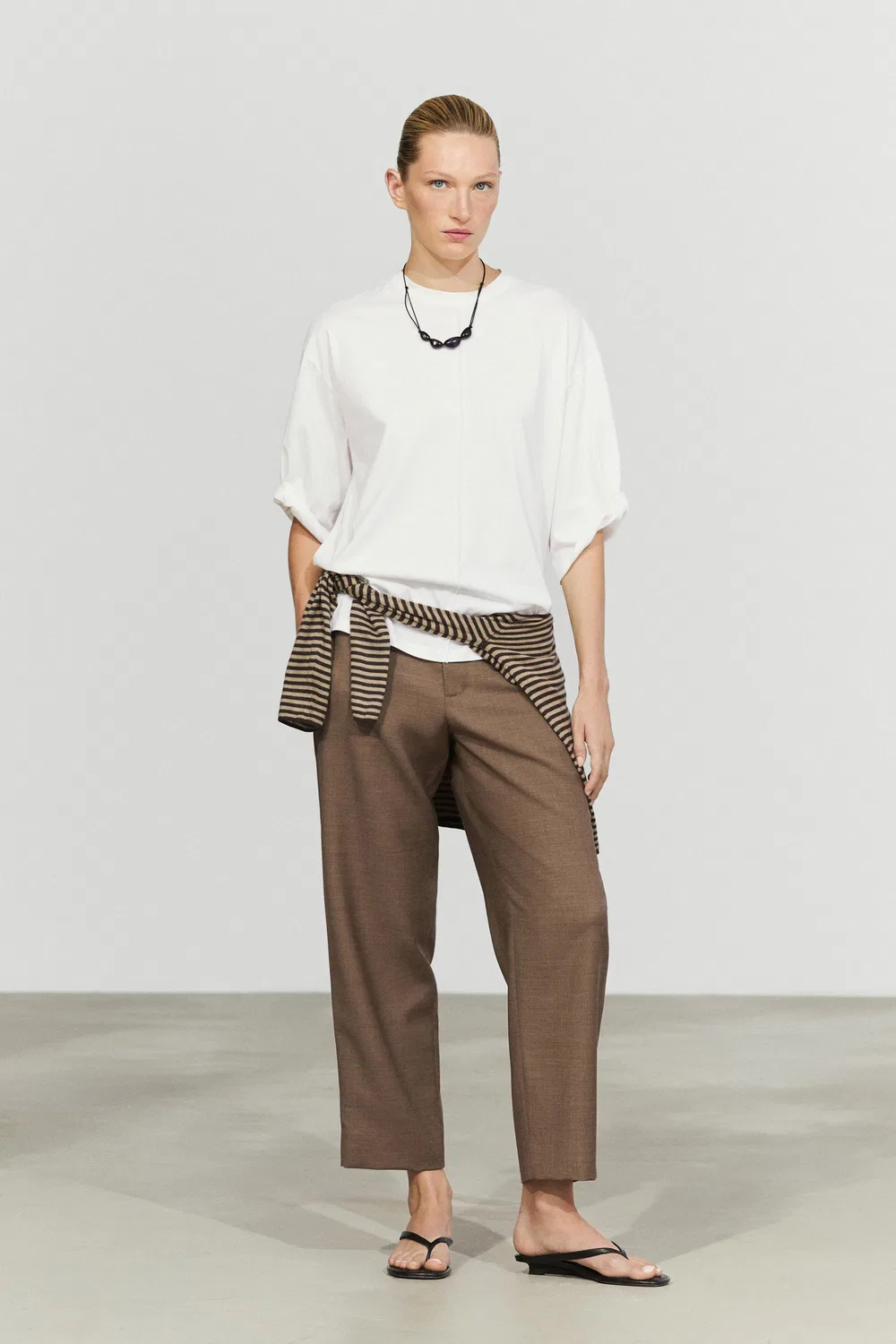Футболка Massimo Dutti 100% Cotton Short Sleeve Seamed, кремовый — фото 4