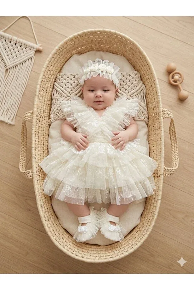 Детский комплект для девочек кружевной и тюлевый Mevlüt Set Park Bebe, White