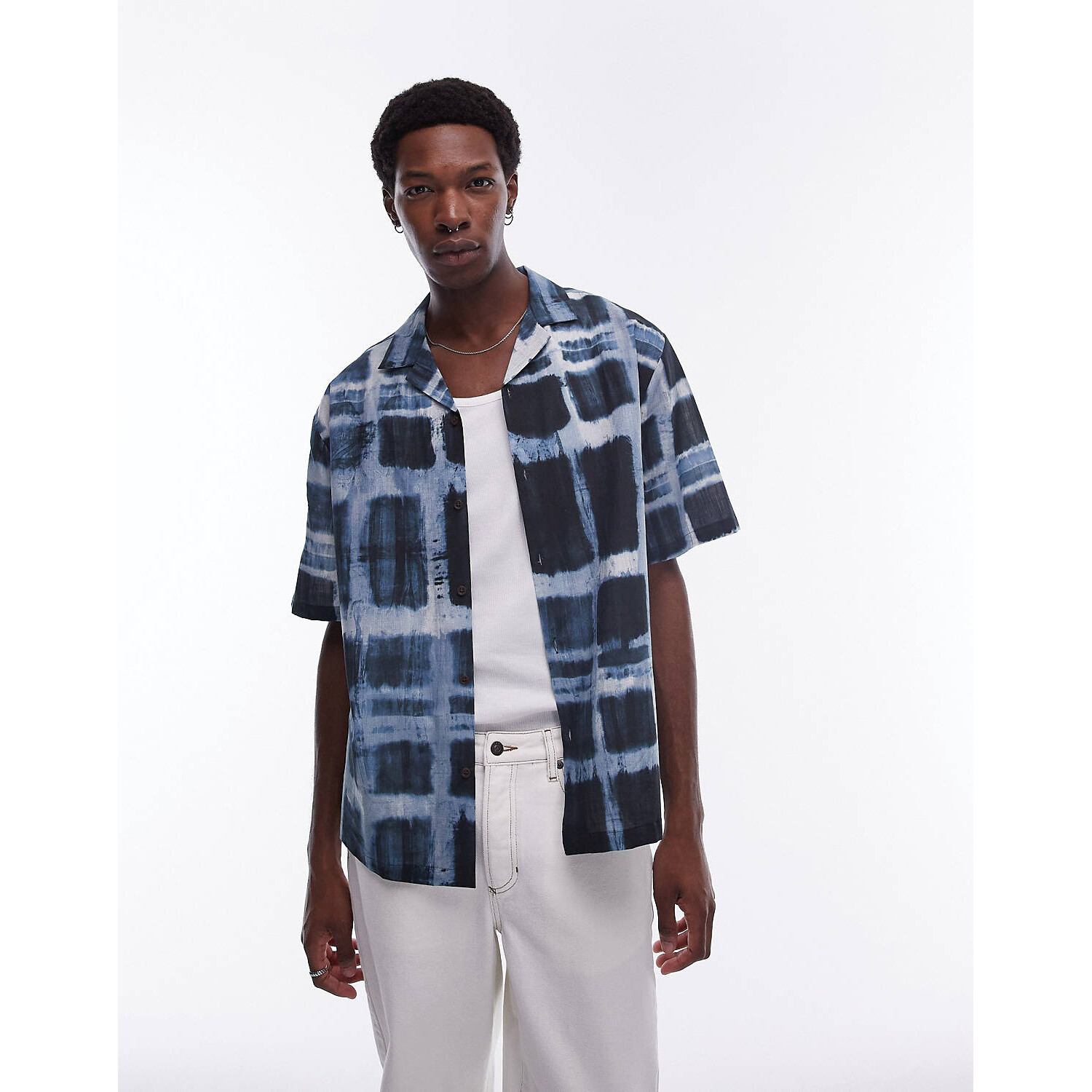 

Рубашка Topman Short Sleeve Relaxed Sheer Check, синий