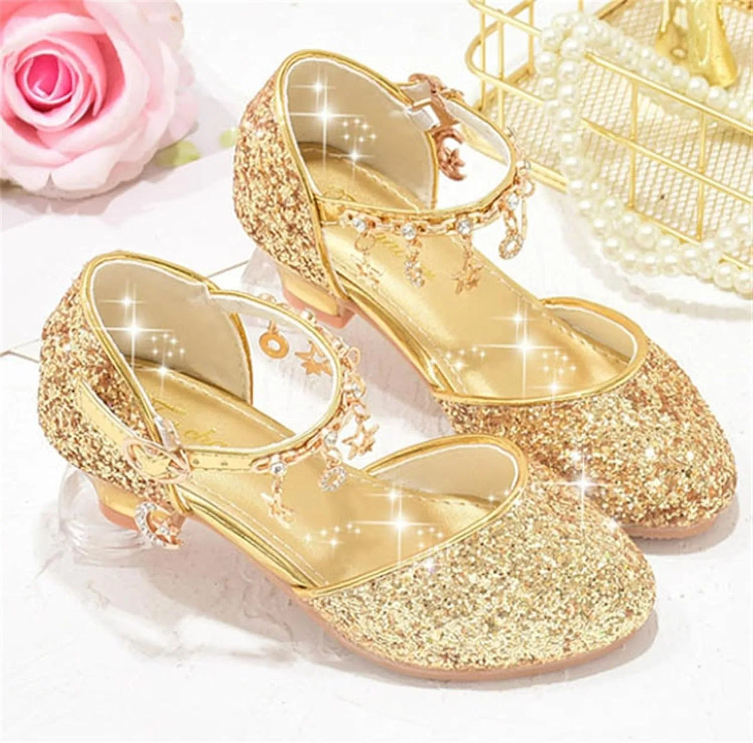 Детские туфли для девочек с блестками и стразами Mary Jane SHOPESSA, Gold — фото 4