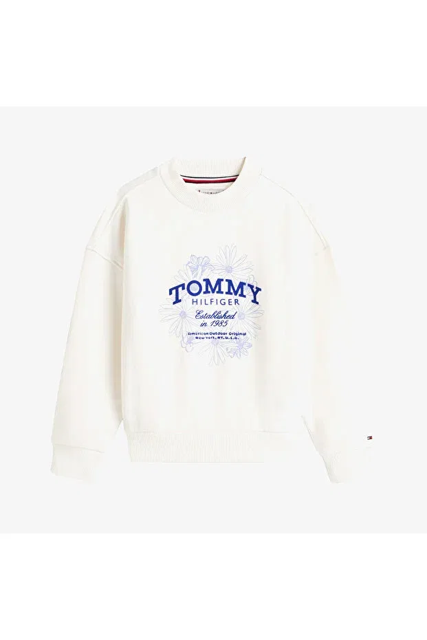 Детское для девочек свитшот с принтом Flock flower crew neck kids white sweatshirt Tommy Hilfiger, Ybh-White — фото 4