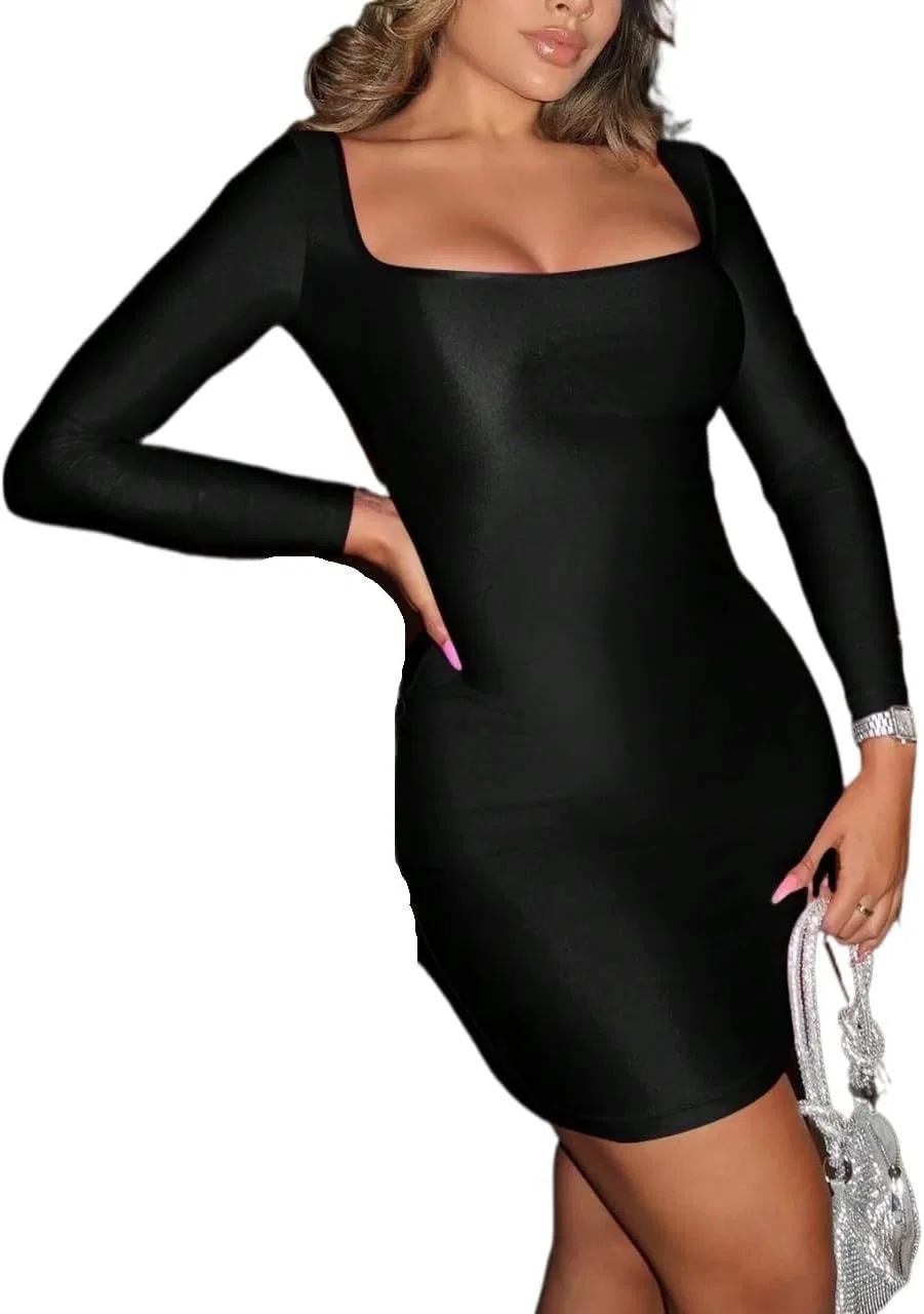 Женское короткое платье с квадратным вырезом Bodycon, Black