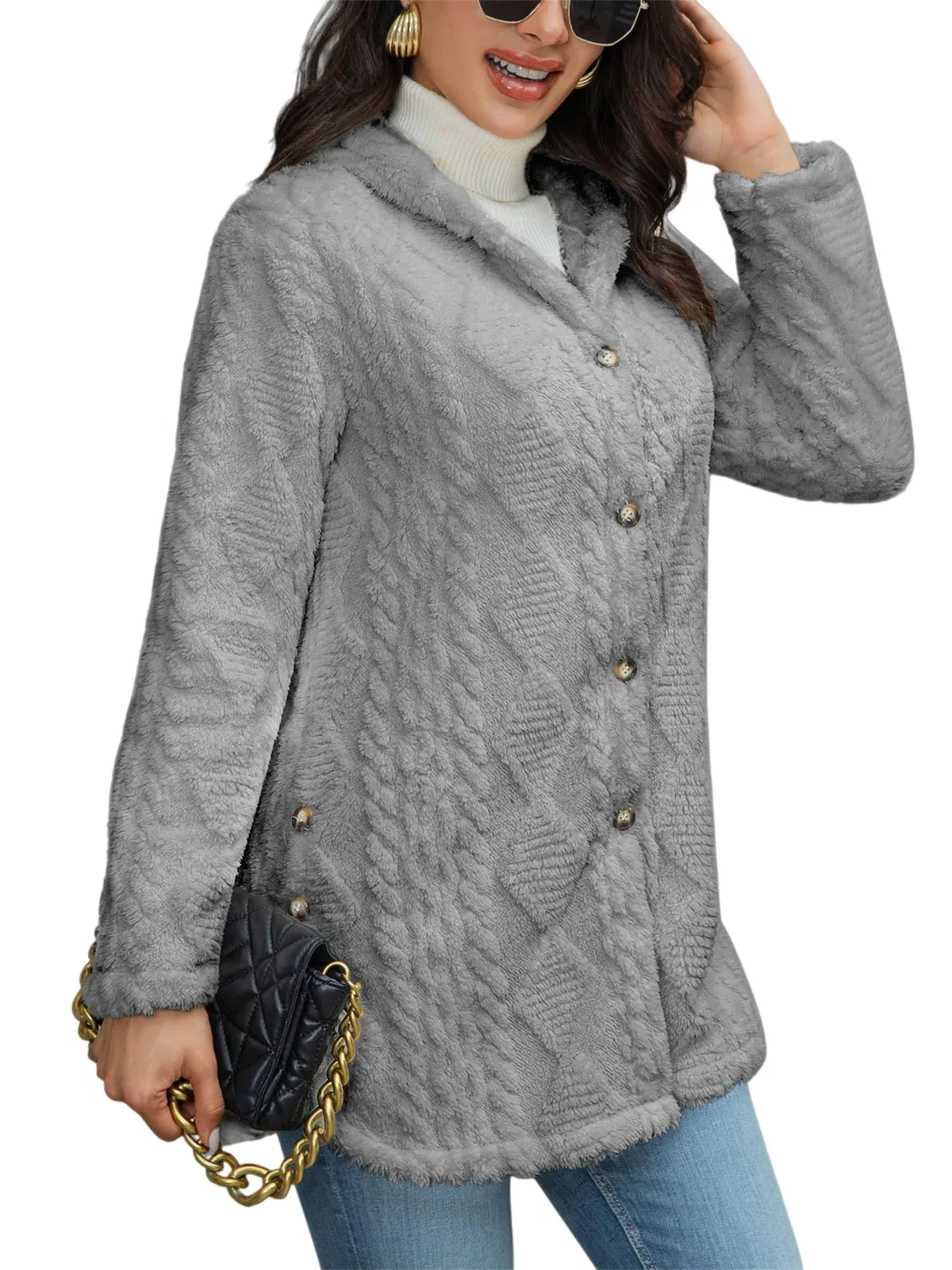 Женское пальто с капюшоном Donna Autunno Inverno Caldo Moda Jacquard, Grigio chiaro