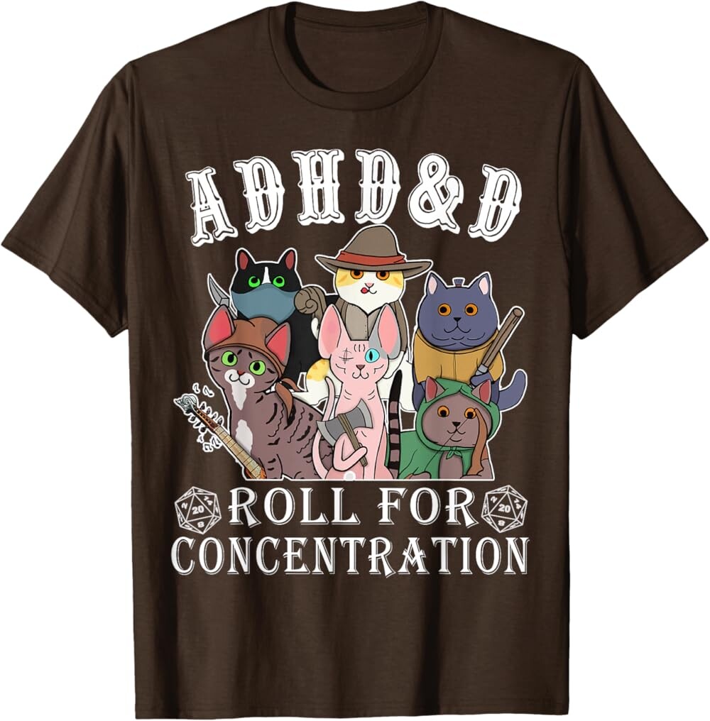 

Мужская футболка Funny Tees Gamer RPG Apparel Cats RPG Gamer Roll For Concentration D20 Dice Nerdy, коричневый