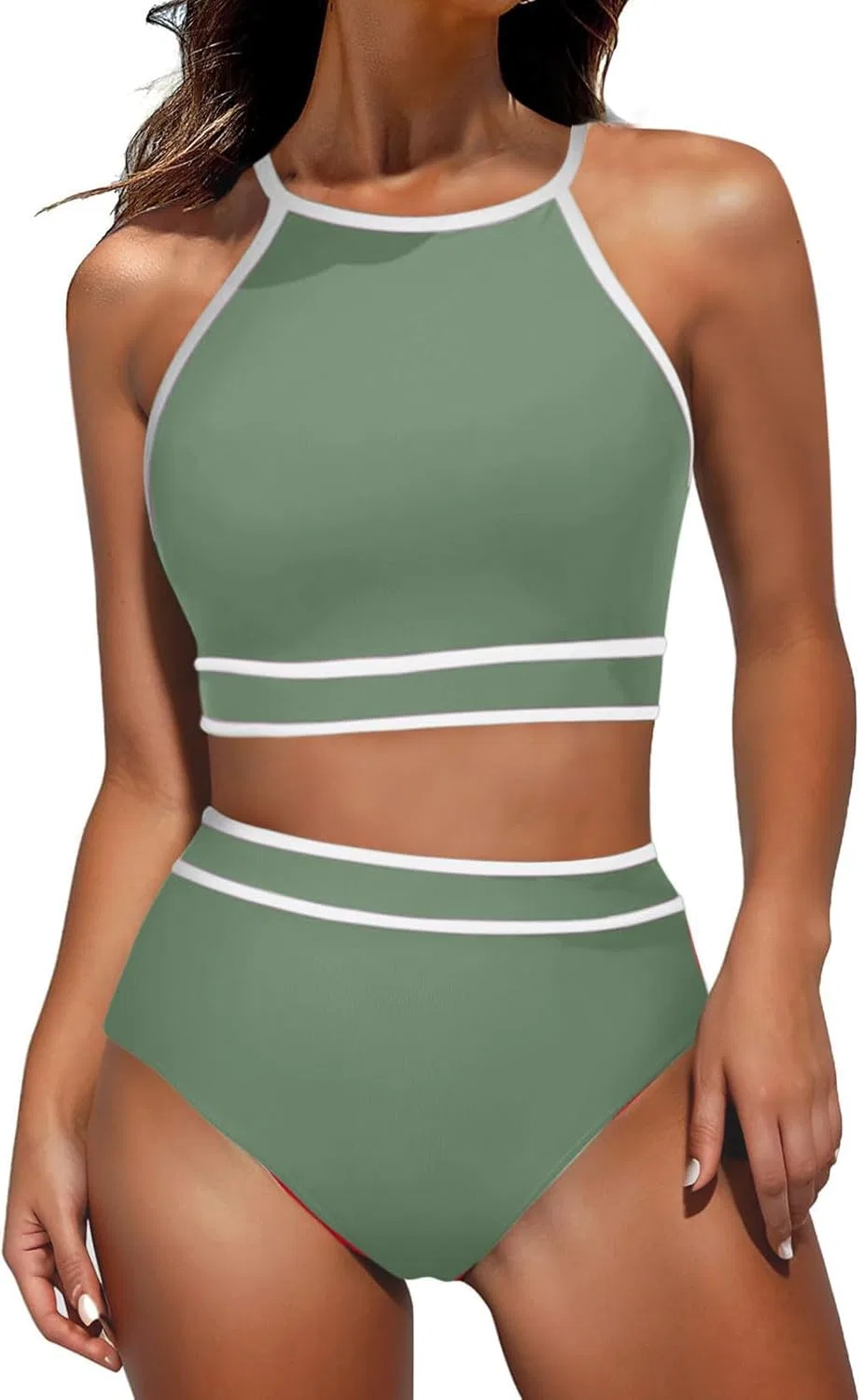Женский бикини-сет с высокой талией и поддержкой, High Neck Racerback Top Triangle Colorblock, Green