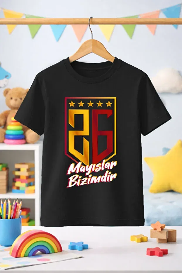 Детская футболка для мальчиков с принтом May is ours 26. championship yellow red pattern printed Zeycem Store, Black