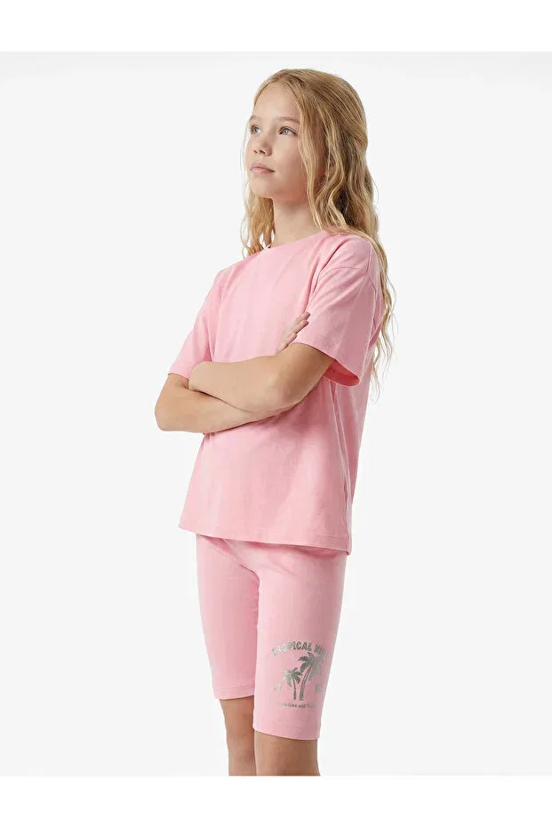 Детские леггинсы для девочек с принтом Palm tree printed cotton short leggings with elastic waist Koton, Rose — фото 2