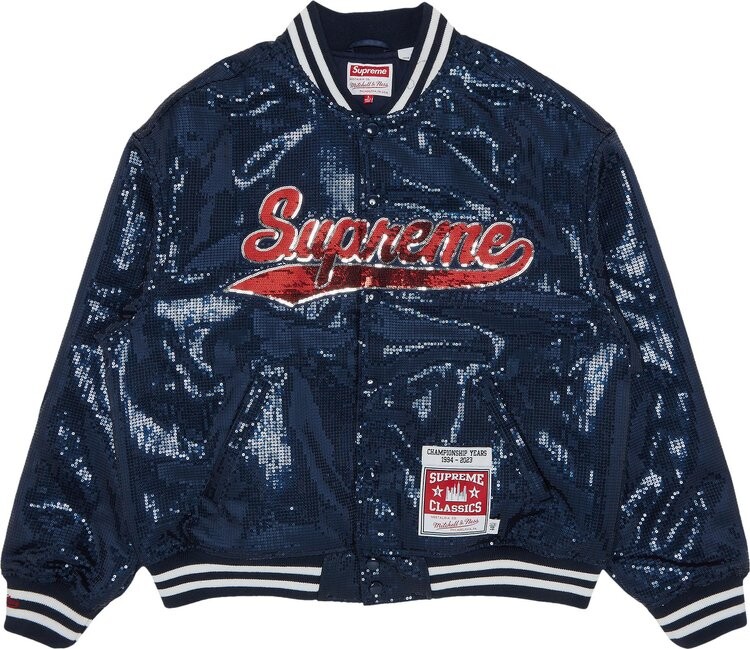 

Куртка Supreme x Mitchell & Ness Sequin Varsity Jacket 'Navy', синий