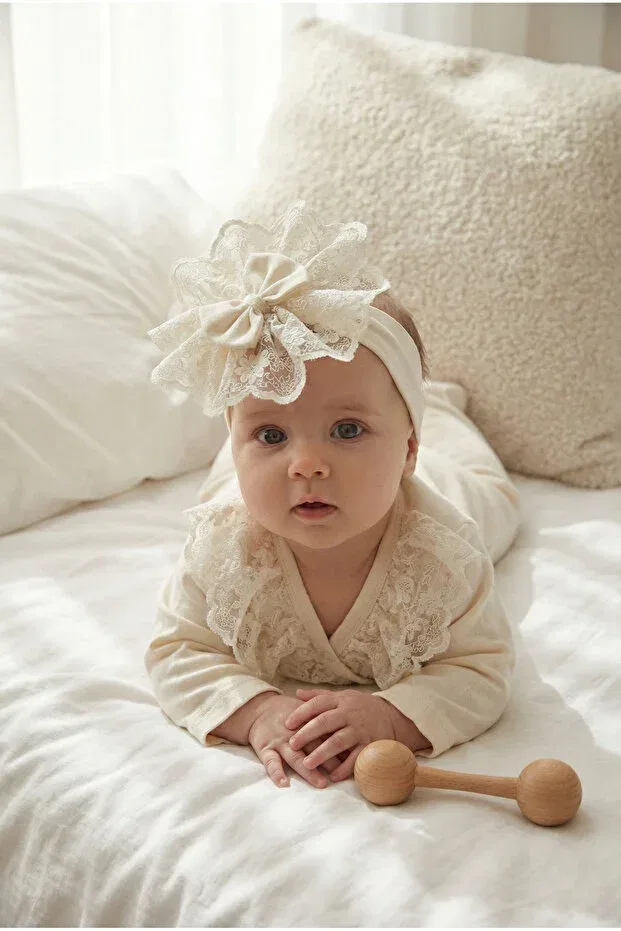 Детский комбинезон для девочек кружевной с комплектом повязки Little princess cream lace cotton interlock baby romper and hair band set Montina, Ecru — фото 4