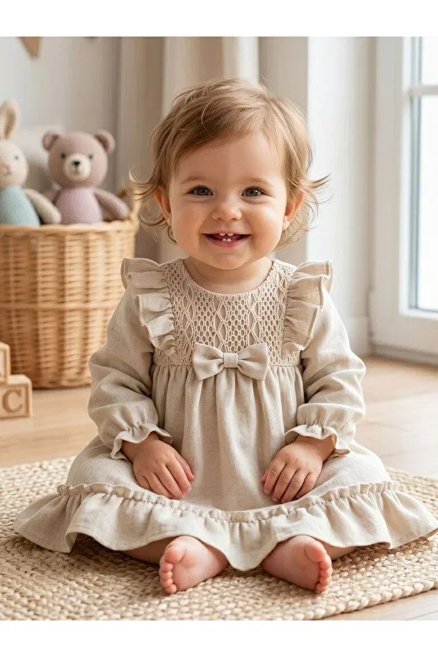 Детское платье для девочек кружевное с воланами Be Lace Ruffled Linen Cherrys Bebek, Beige